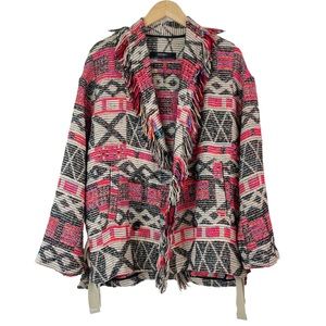 Zara Oversized Fringe Boho Aztec Print Knit Jacquard Double Breasted Coat Jacket